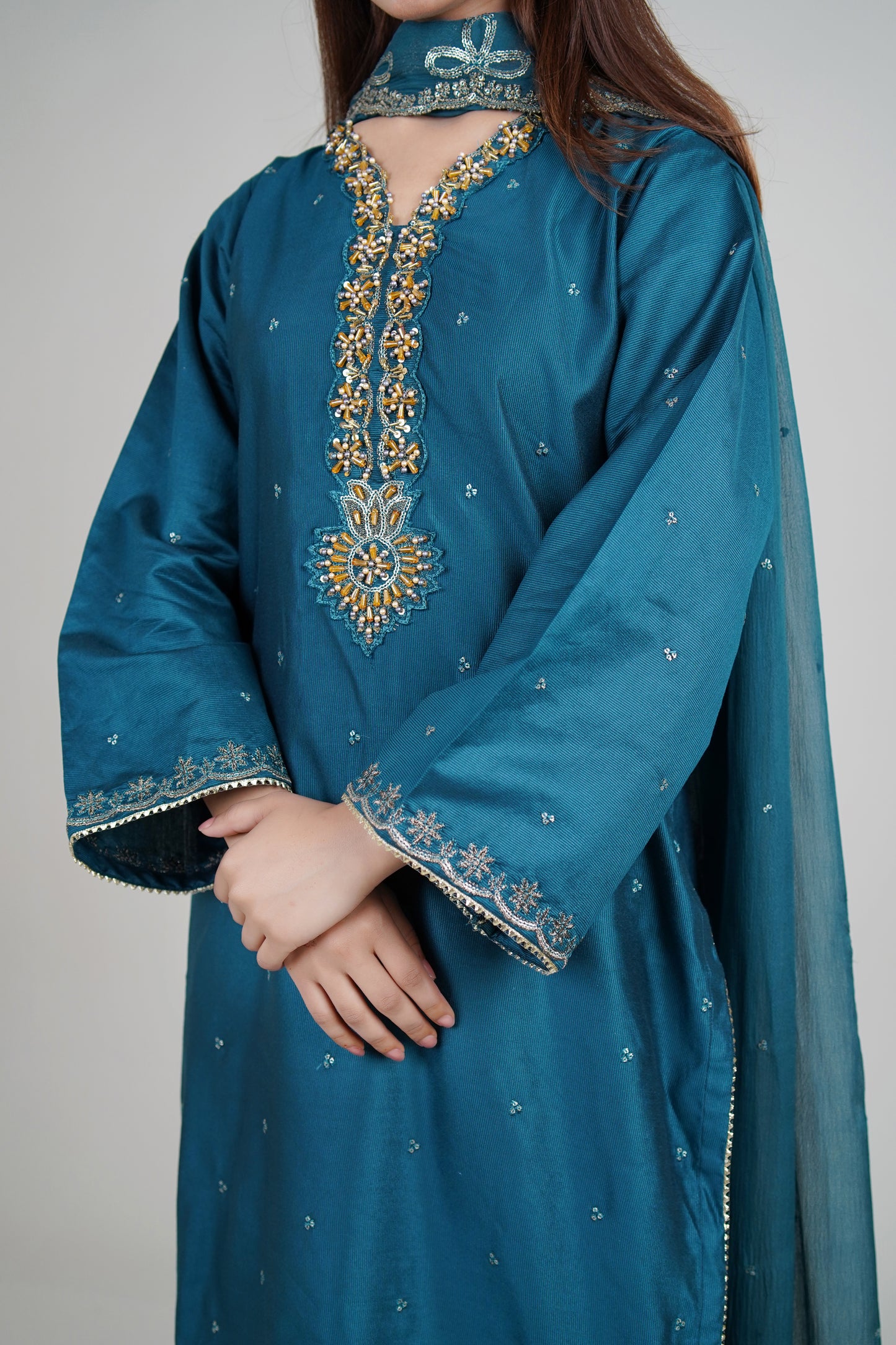 3 PIECE - HANDMADE EMBROIDERED : KHADI STITCHED SUIT | LG01679